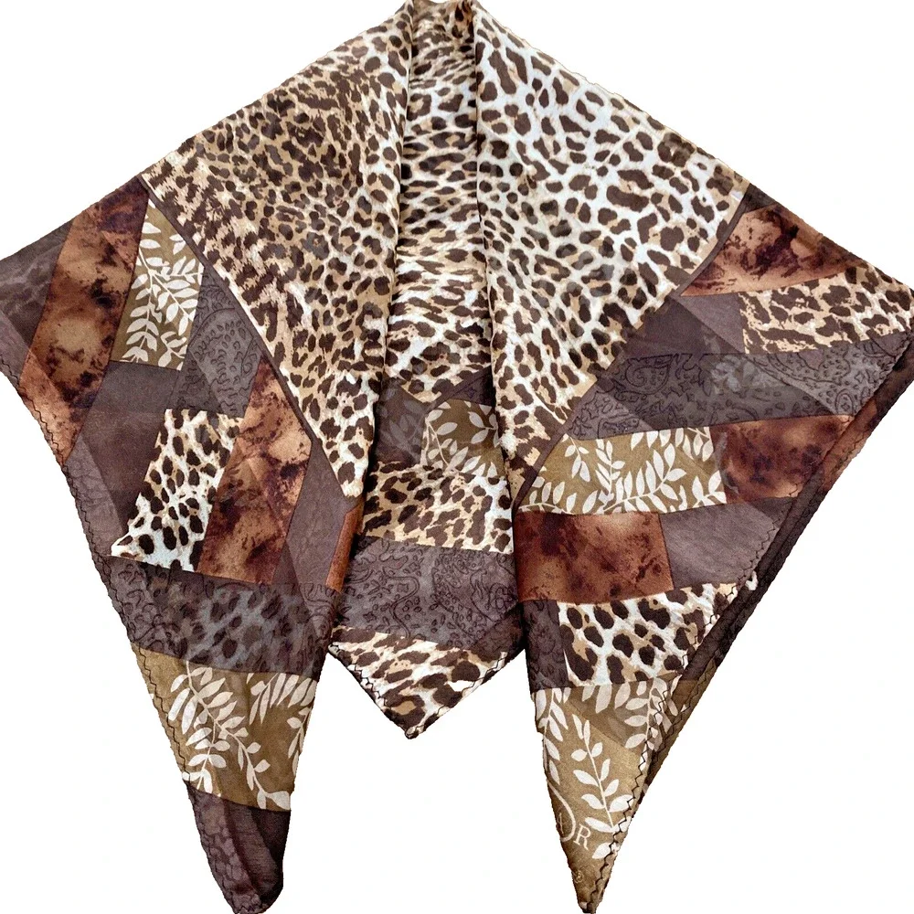 Silky Animal Print Scarf Square Bandana Neckerchief Burnout Stripes Brown Tan